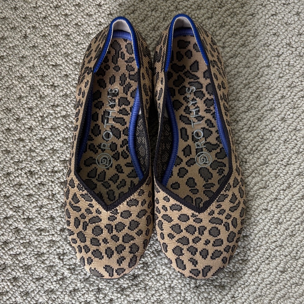 Rothy's Leopard Print Ballet Flats in Brown and Black with Blue Trim
